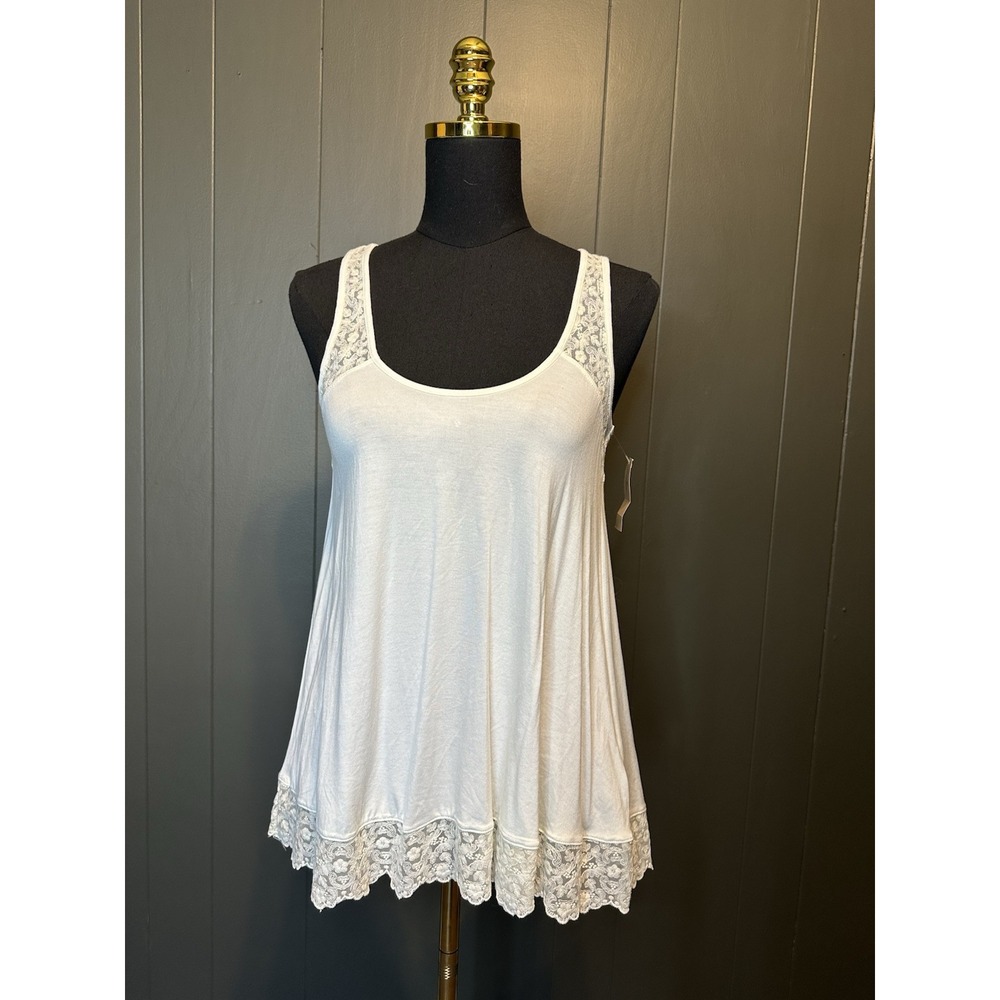 NWT American Eagle Cream White Swing Tank Top Lace Trim Long XS‎ Extra Small